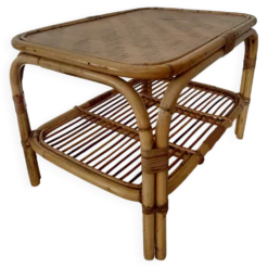 Table basse vintage rotin années 70s-lignes organiques, esprit Riviera