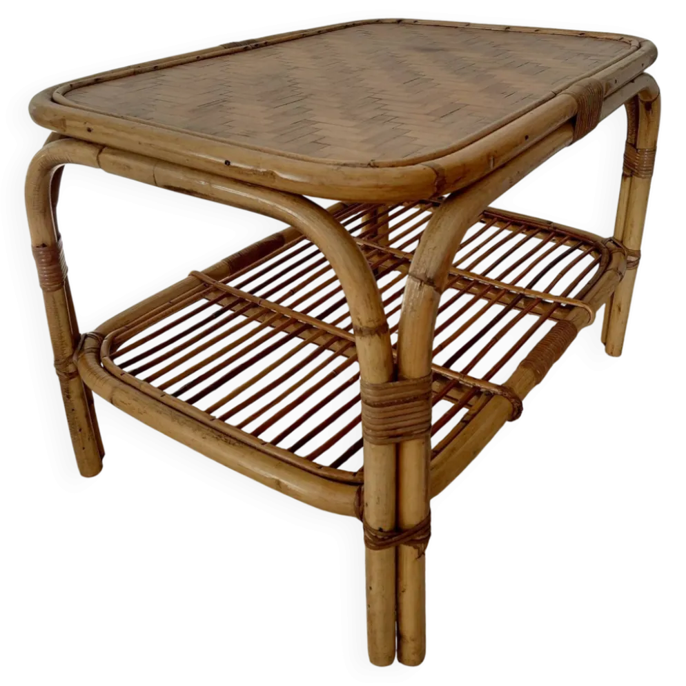 Table basse vintage rotin années 70s-lignes organiques, esprit Riviera