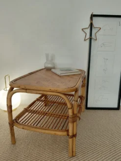 Table basse vintage rotin années 70s-lignes organiques, esprit Riviera
