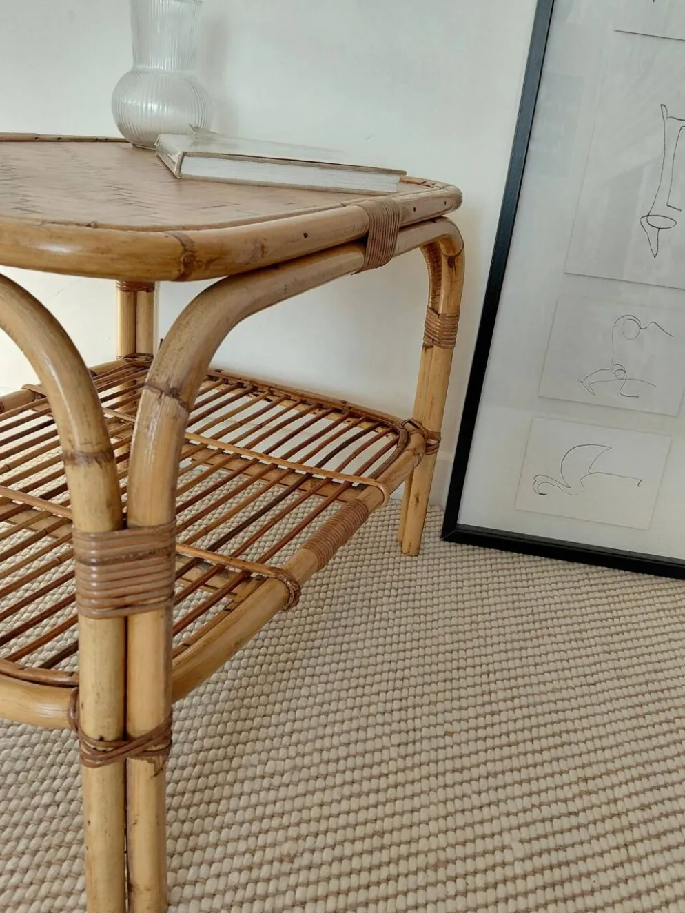 Table basse vintage rotin années 70s-lignes organiques, esprit Riviera