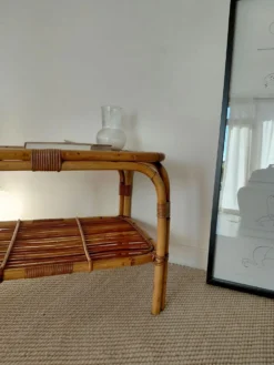 Table basse vintage rotin années 70s-lignes organiques, esprit Riviera