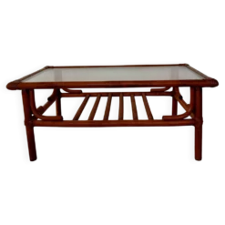 Table basse vintage rotin, bambou et verre-esprit bohème 70s