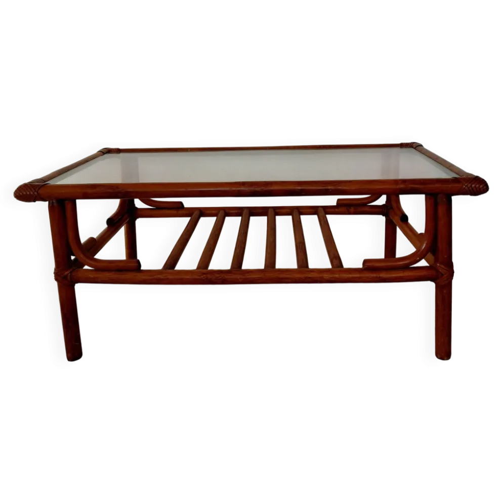 Table basse vintage rotin, bambou et verre-esprit bohème 70s