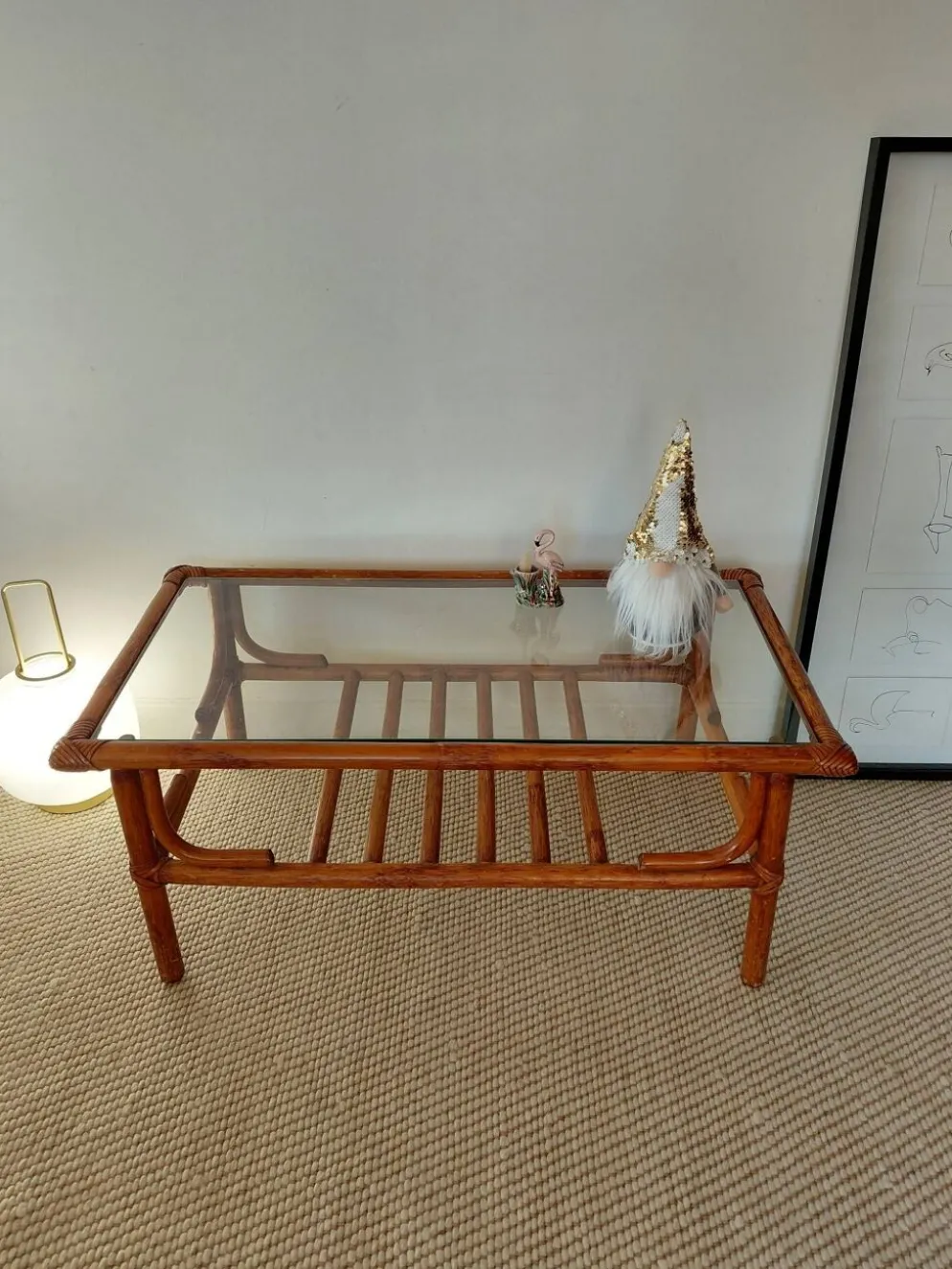 Table basse vintage rotin, bambou et verre-esprit bohème 70s