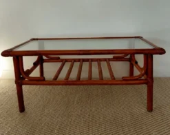 Table basse vintage rotin, bambou et verre-esprit bohème 70s