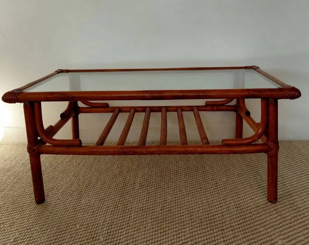 Table basse vintage rotin, bambou et verre-esprit bohème 70s