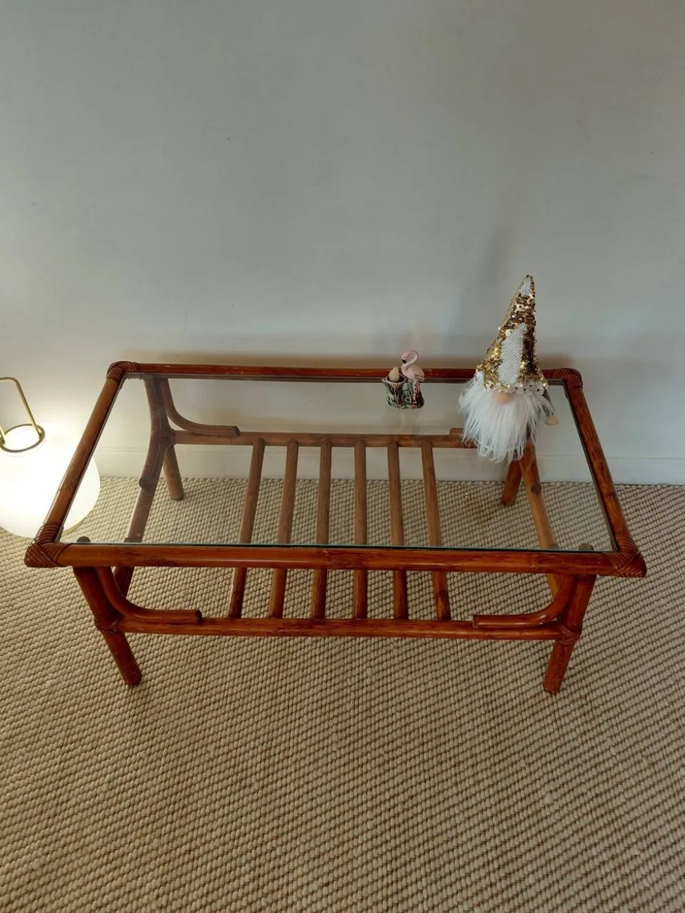 Table basse vintage rotin, bambou et verre-esprit bohème 70s