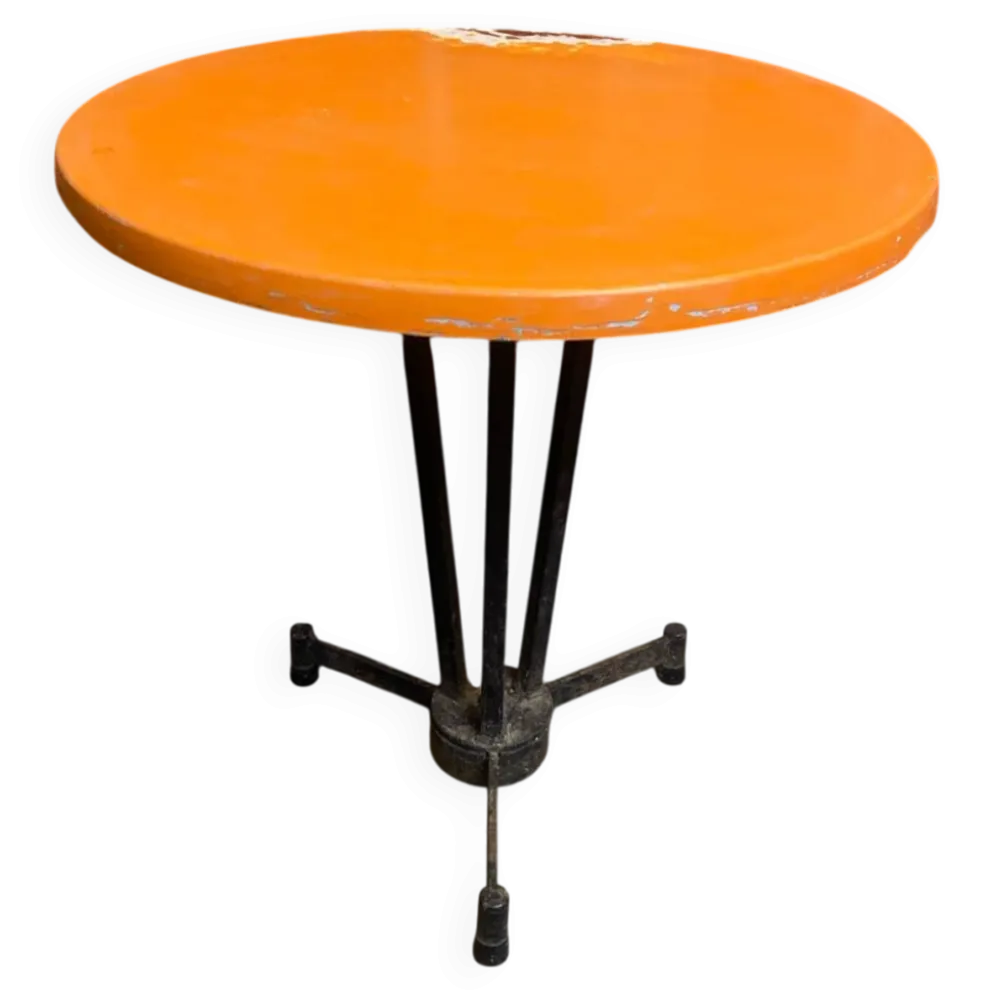 Table bistrot ancienne pied fonte noir + plateau bakélite orange 50’s