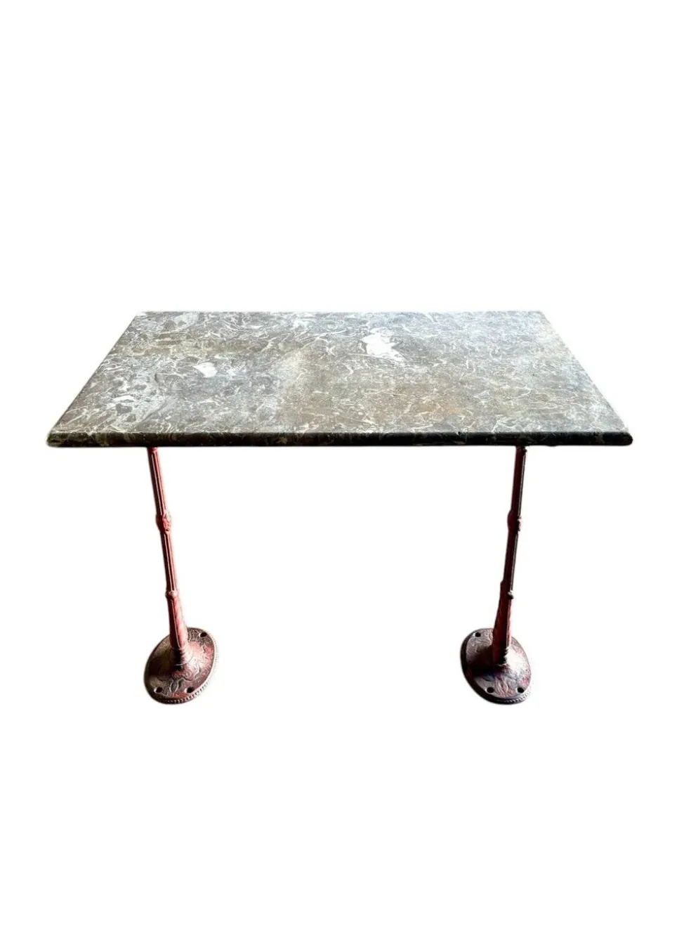 Table bistrot en marbre gris et fonte de fer bordeaux ☐ 85 x 57 cm