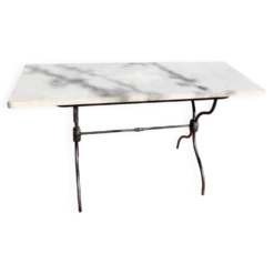 Table bistrot rectangulaire piètement x en fonte et plateau en marbre vintage