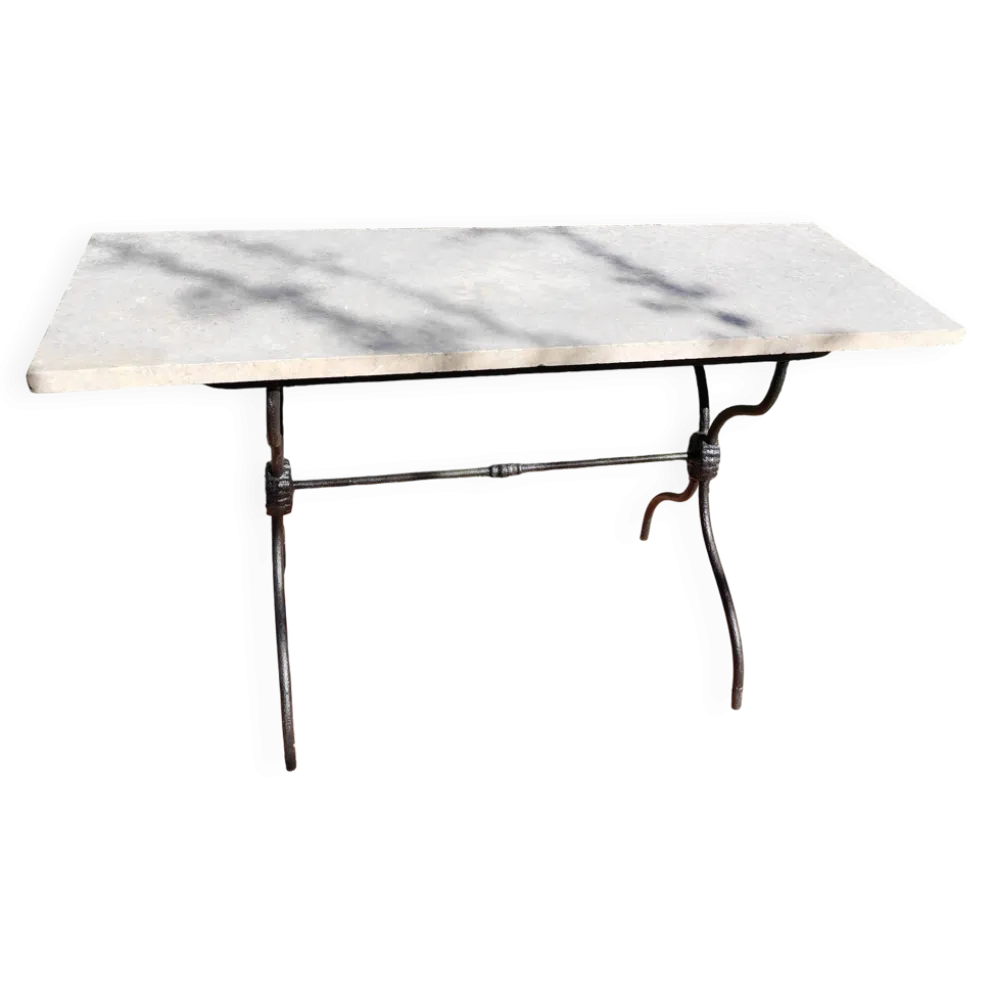 Table bistrot rectangulaire piètement x en fonte et plateau en marbre vintage