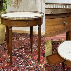 Table bouillotte de style Louis XVI des années 1960 en acajou et dessus mar