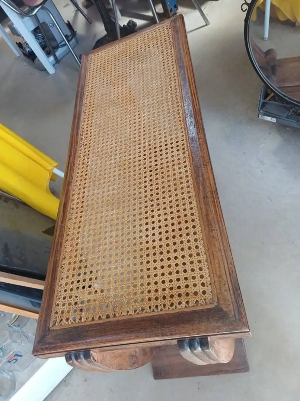 Table console Art Déco en bois et cannage