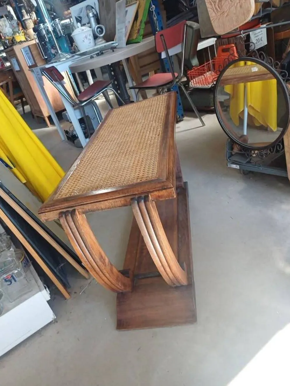 Table console Art Déco en bois et cannage