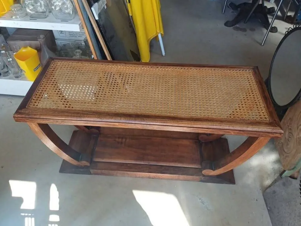 Table console Art Déco en bois et cannage