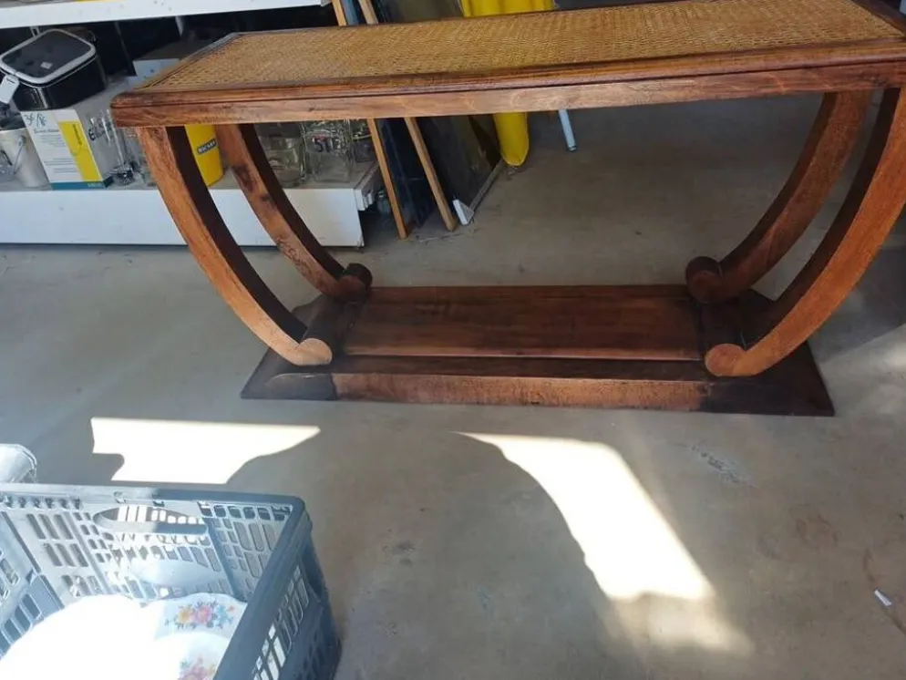 Table console Art Déco en bois et cannage
