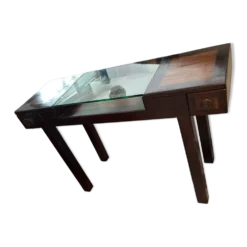 Table console / Bureau vitrine en bois exotique et verre – Style Colonial