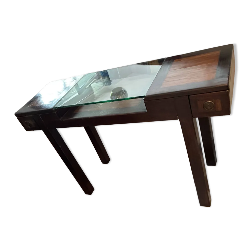 Table console / Bureau vitrine en bois exotique et verre – Style Colonial