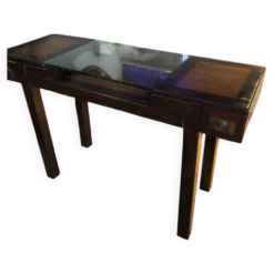 Table console / Bureau vitrine en bois exotique et verre – Style Colonial