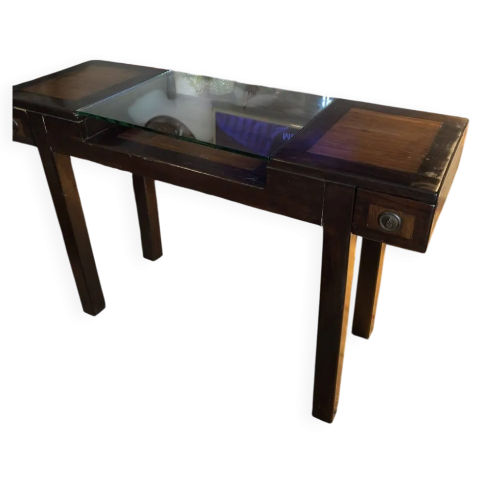 Table console / Bureau vitrine en bois exotique et verre – Style Colonial