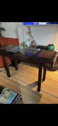 Table console / Bureau vitrine en bois exotique et verre – Style Colonial
