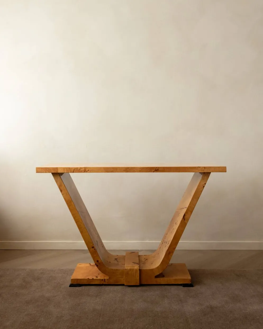 Table console en burl de revival Art Déco, années 1980-1990