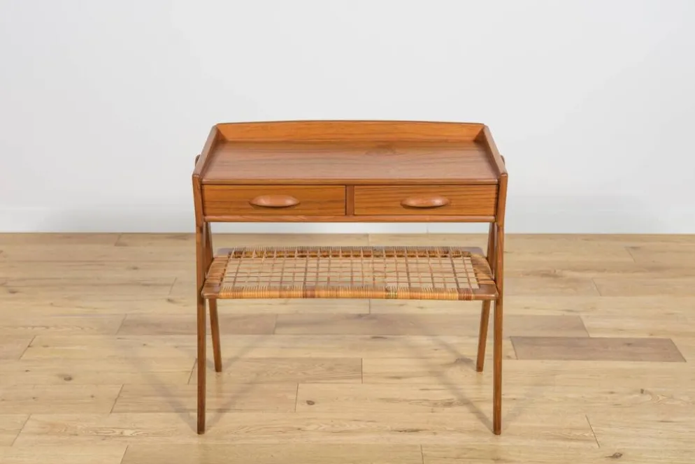 Table console en teck et rotin du milieu du siècle par Søren Rasmussen, Danemark, 1960