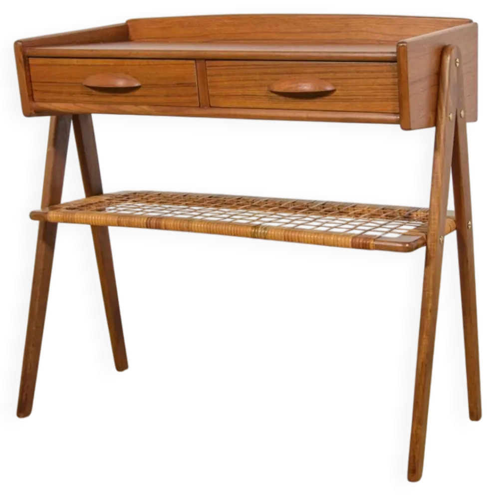 Table console en teck et rotin du milieu du siècle par Søren Rasmussen, Danemark, 1960