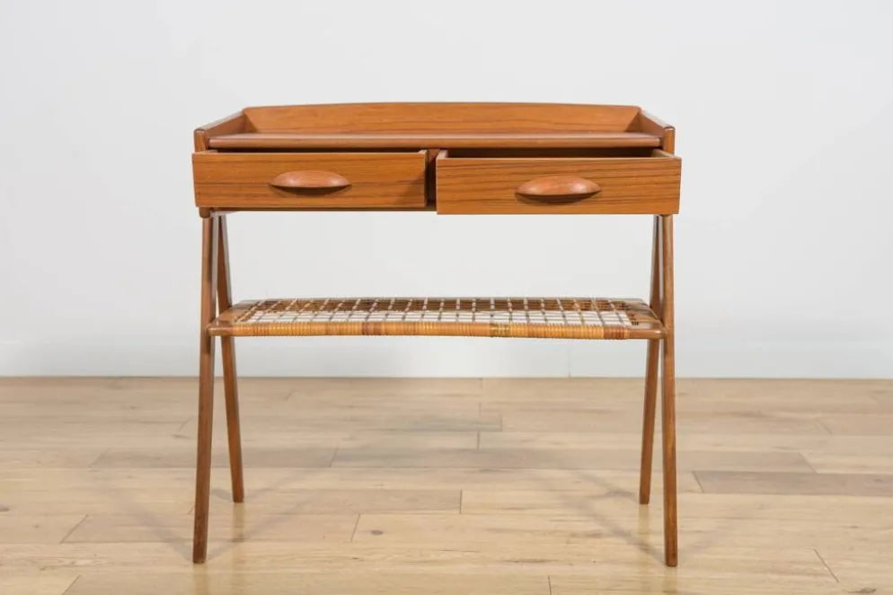 Table console en teck et rotin du milieu du siècle par Søren Rasmussen, Danemark, 1960
