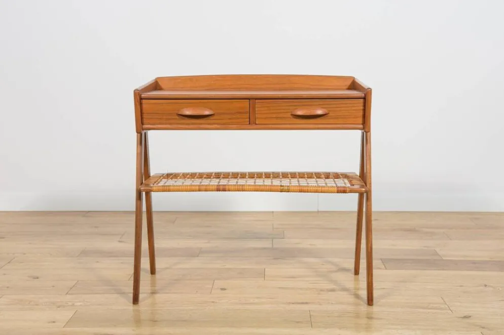 Table console en teck et rotin du milieu du siècle par Søren Rasmussen, Danemark, 1960