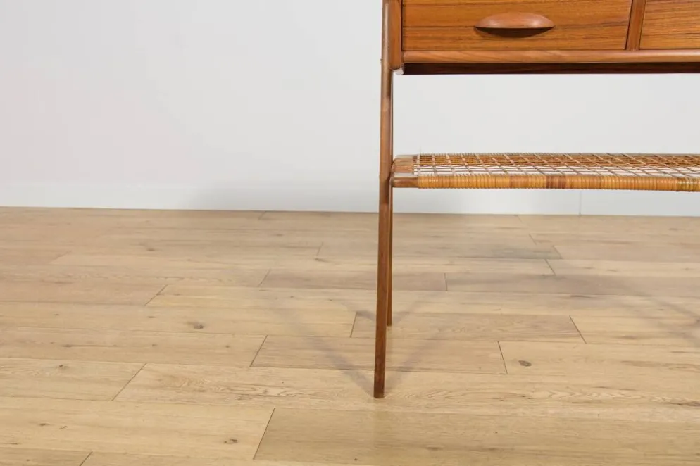 Table console en teck et rotin du milieu du siècle par Søren Rasmussen, Danemark, 1960