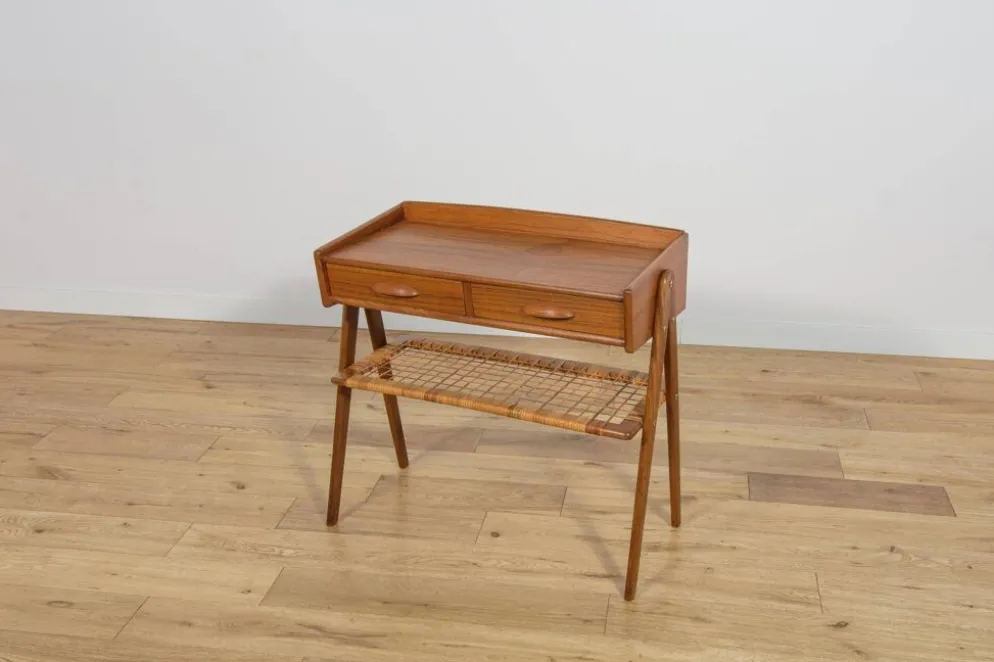 Table console en teck et rotin du milieu du siècle par Søren Rasmussen, Danemark, 1960