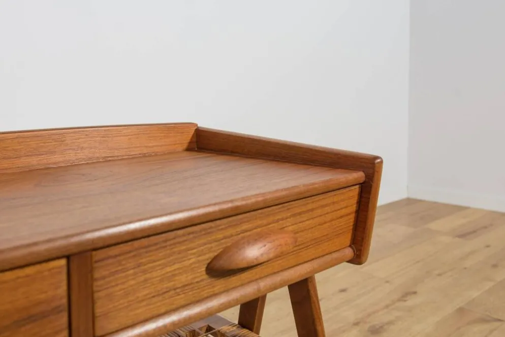 Table console en teck et rotin du milieu du siècle par Søren Rasmussen, Danemark, 1960