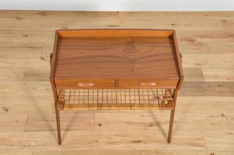 Table console en teck et rotin du milieu du siècle par Søren Rasmussen, Danemark, 1960