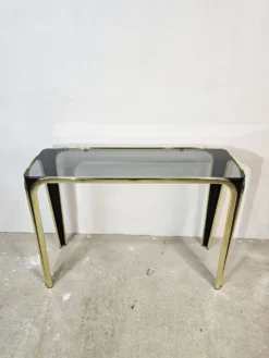 Table console en verre et dorée des années 50 – Style moderne du milieu du siècle