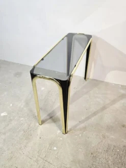 Table console en verre et dorée des années 50 – Style moderne du milieu du siècle