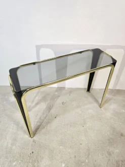 Table console en verre et dorée des années 50 – Style moderne du milieu du siècle