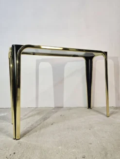 Table console en verre et dorée des années 50 – Style moderne du milieu du siècle