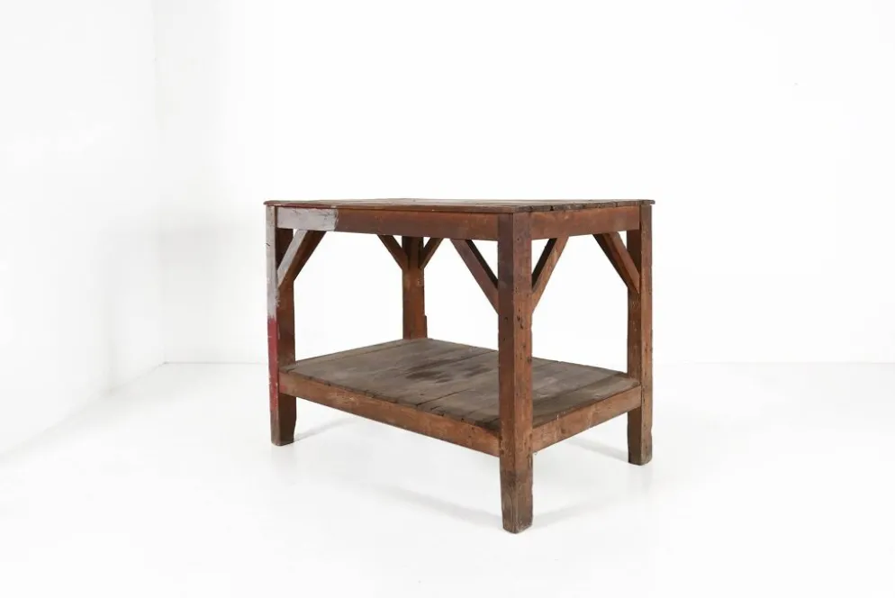 Table console industrielle française en bois, années 1920