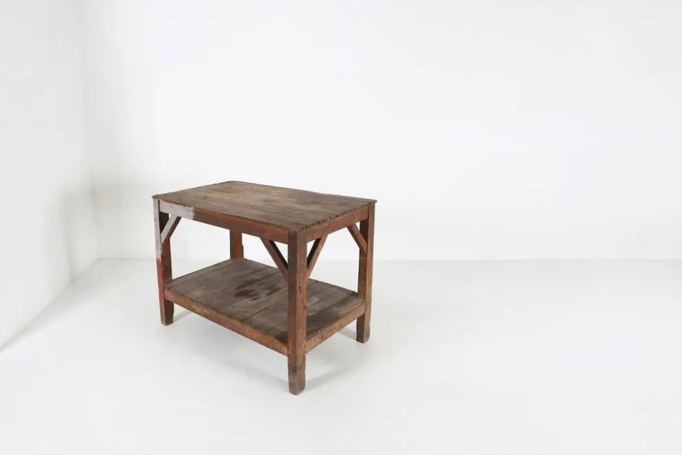 Table console industrielle française en bois, années 1920