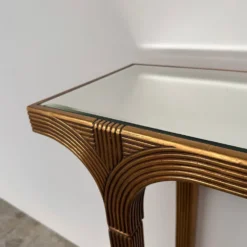 Table console vintage Deknudt en or avec plateau miroir biseauté, Belgique, années 1980.