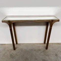 Table console vintage Deknudt en or avec plateau miroir biseauté, Belgique, années 1980.