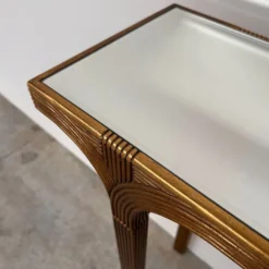 Table console vintage Deknudt en or avec plateau miroir biseauté, Belgique, années 1980.