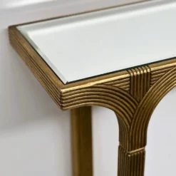 Table console vintage Deknudt en or avec plateau miroir biseauté, Belgique, années 1980.