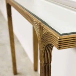 Table console vintage Deknudt en or avec plateau miroir biseauté, Belgique, années 1980.