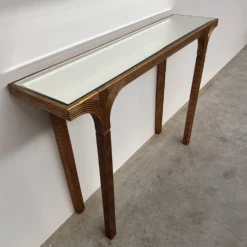 Table console vintage Deknudt en or avec plateau miroir biseauté, Belgique, années 1980.