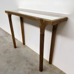 Table console vintage Deknudt en or avec plateau miroir biseauté, Belgique, années 1980.