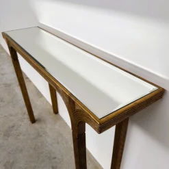 Table console vintage Deknudt en or avec plateau miroir biseauté, Belgique, années 1980.