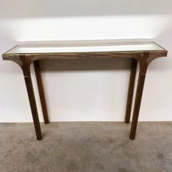 Table console vintage Deknudt en or avec plateau miroir biseauté, Belgique, années 1980.