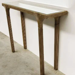Table console vintage Deknudt en or avec plateau miroir biseauté, Belgique, années 1980.